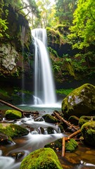 Lush waterfall cascading down mossy rocks
