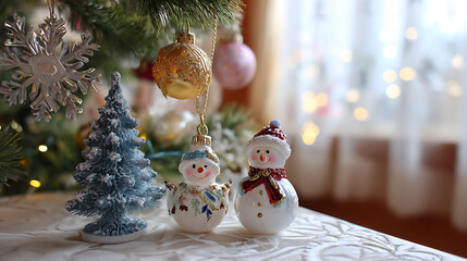 Christmas decoration with snowman and fir tree on table in living room. Cozy festive holiday interior and winter celebration concept.
