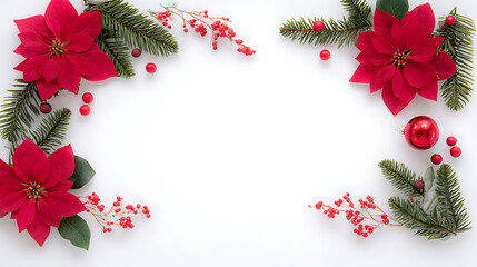Christmas decoration with poinsettia, berries and fir branches on white background. Festive holiday floral arrangement concept.