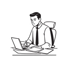 Black and white line art of a hardworking man at office desk with laptop and documents minimalist illustration