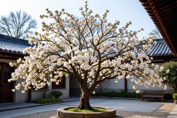 a traditional ornamental tree covered with white blossoms in a courtyard symbolizing peace spiritual growth and auspicious fortune under soft morning light.