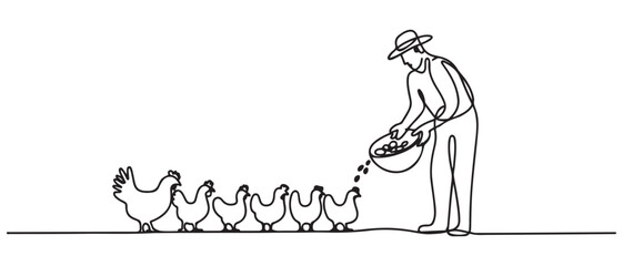 Single one line drawing of farmer feeding chickens. Farming challenge minimal concept. one line Icon drawing with white background