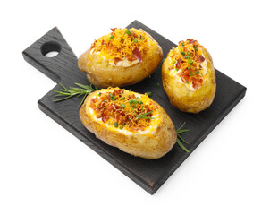 Tasty baked potatoes with stuffing isolated on white