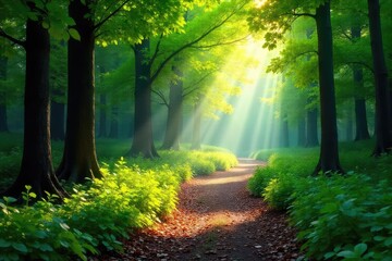 Naklejka premium Sun-dappled forest path winds through lush green canopy, sunlight filtering through leaves, creating a magical atmosphere Perfect for nature, travel, or fantasy themes , branch, leaves