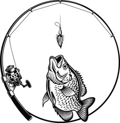 Crappie fishing silhouette with a fish and spinning rod black and white vector illustration