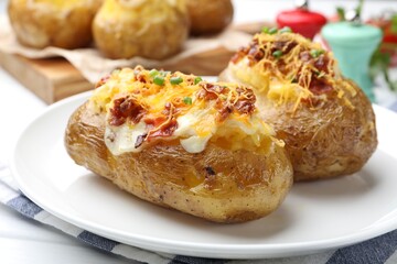 Tasty stuffed baked potatoes on white table, closeup