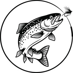 Fly fishing silhouette with a jumping trout chasing a fly black and white vector