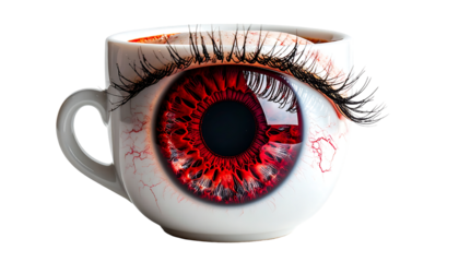 A white mug features a realistic, red eye with visible blood vessels and long lashes, filling the cup's interior