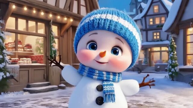 Close up of a cartoon snowman with a blue hat and scarf in a snowy winter town scene christmas snow man video