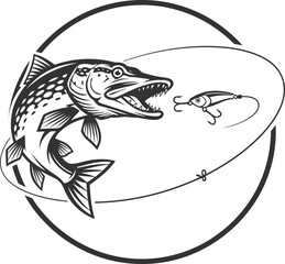 Pike fishing silhouette with an aggressive northern pike chasing a lure. Black and white vector