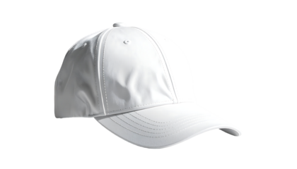 A pristine white baseball cap, structured with a curved brim and subtle stitching details, displayed on a black background