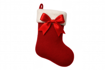 Red christmas stocking with white faux fur cuff and bow, hanging for holiday celebration presents, transparent background