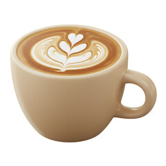 Latte with latte art, 3d rendered, isolated on transparent background