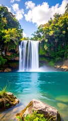 Lush waterfall cascading into a turquoise pool
