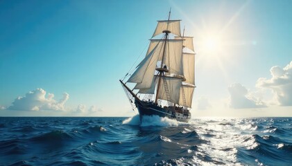 Majestic Sailing Ship Ocean Adventure, Billowing Sails, Deep Blue Waters, Ancient Vessel, Calm Sea, Nautical Scene, Powerful Wind