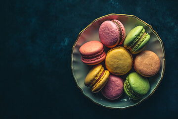 Multicolored French macarons in a plate against a black vintage background. Top view.