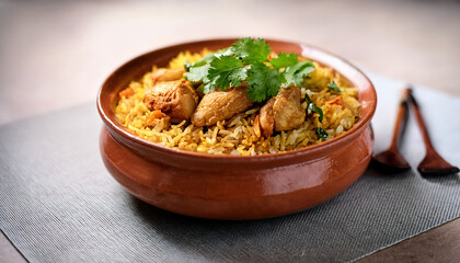Delicious Traditional Chicken Biryani Served In A Decorative Earthenware Pot With Fresh Cilantro Garnish