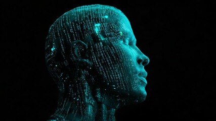 Conceptual animation showing an artificial intelligence human head made of glowing blue binary code dissolving into particles, representing concepts like digital transformation and data loss - Powered by Adobe