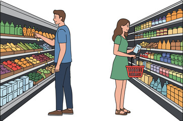 Confused man and thoughtful woman shopping for groceries at a supermarket, looking at products on the shelves.
