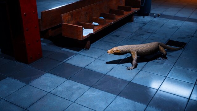 This curious reptile wanders through a dimly lit urban space, showcasing its textured skin and unique form. The quiet atmosphere adds intrigue to its exploration.