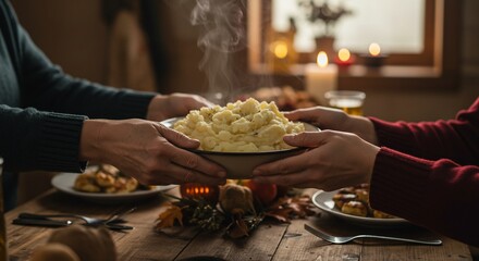 Close-up of hands passing a steaming bowl of mashed potatoes during a warm and festive family holiday dinner