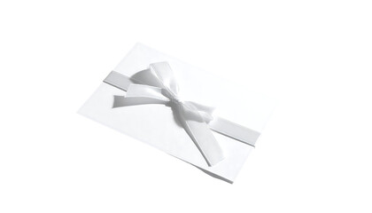 A pristine white rectangular package, adorned with a simple, elegant white ribbon bow, angled slightly