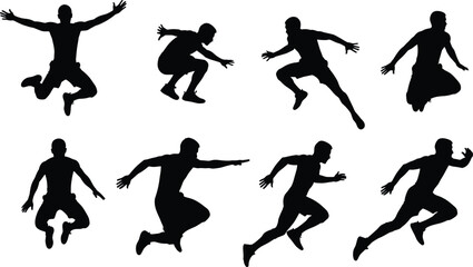 Dynamic Human Silhouettes in Motion – Jumping, Running, Lunging, Crouching Poses for Sports, Fitness, Animation, Movement Studies, and Action Design
