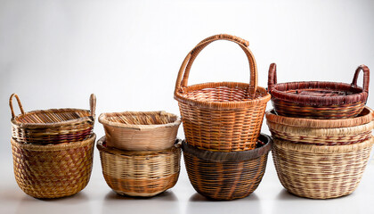 Variety Of Handcrafted Woven Baskets On Transparent Background
