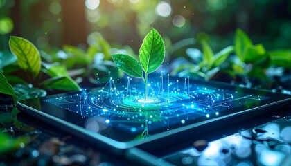 A small plant sprout emerges from a tablet, amidst a digital network of glowing lines, set in a forest