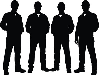 Construction worker silhouettes wearing hard hats teamwork industrial labor force occupational safety vector illustration building industry teamwork concept professional crew unity