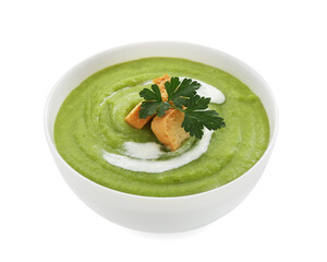 Tasty broccoli cream soup with croutons in bowl isolated on white