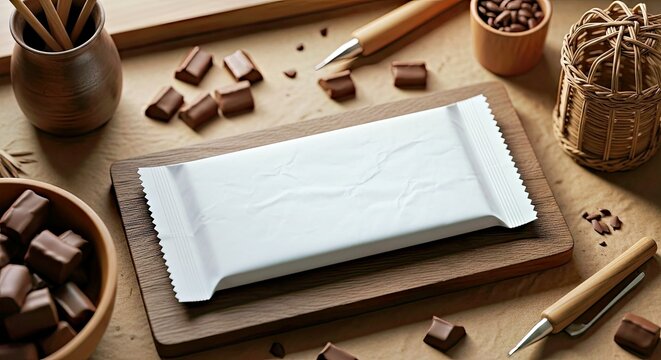 Blank Chocolate Bar Wrapper Mockup on a Rustic Wooden Background