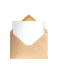 A light brown envelope, slightly textured, holds a blank white card, its top edge visible above the envelope's opening