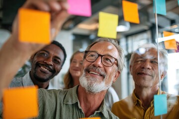 Team engages in creative brainstorming activity with colorful sticky notes in office environment