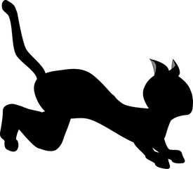 Silhouette of a black cat in motion, captured in a dynamic pose against a white background