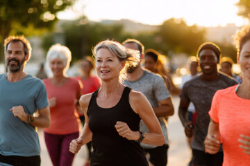 Community jogging at sunset