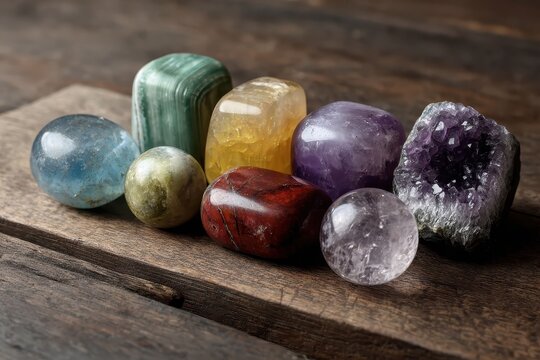 Collection of colorful gemstones on wooden background in studio light. Perfect for use in topics like meditation, geology, or esoteric practices.
