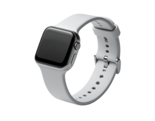 Silver smartwatch with off-white silicone band, angled view showcasing a dark screen and perforated band