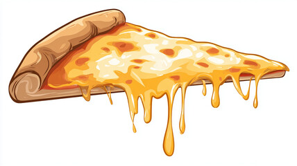 Slice of cheesy pizza with golden crust, dripping with melted cheese, illustrated in vibrant and cartoony style. image emphasizes gooey texture and appetizing appeal