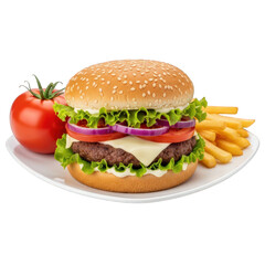 Classic Hamburger Meal Featuring a Juicy Beef Patty, Fresh Vegetables, and Crispy Fries Served on a Plate A Delicious and Satisfying American Favorite