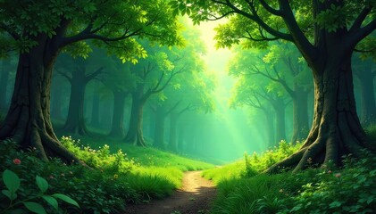 Obraz premium Magical Lush Forest Backdrop Dappled Sunlight, Deep Shadows, Tranquil Undergrowth - Ideal for Fantasy & Fairytale Compositions