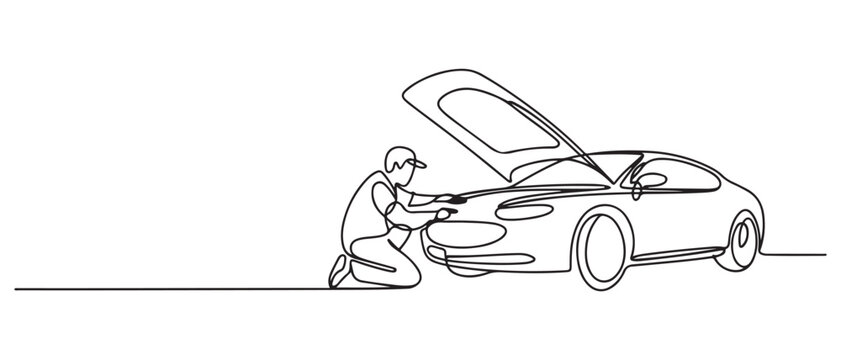 Single continuous line drawing of a technician is inspecting the underside of the car. one line Icon drawing with white background