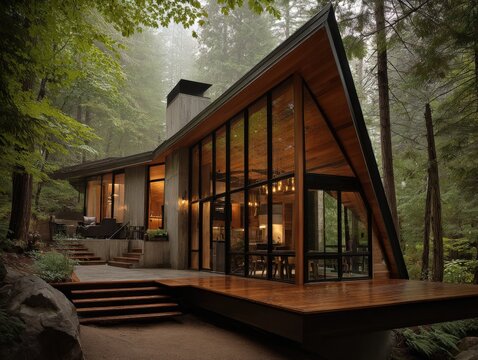 Modern A-Frame Cabin in Misty Forest: Architectural Design with Large Windows and Natural Surroundings