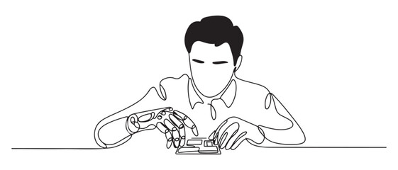 Simple continuous line drawing of An engineer is programming a robotic hand. one line Icon drawing with white background