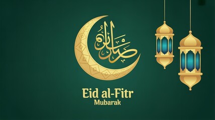 Eid al fitr mubarak illustration with golden crescent moon lanterns and arabic calligraphy design