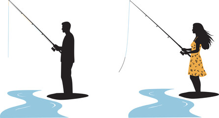 Obraz premium A man and a woman fishing in a river, a silhouette vector illustration of a couple enjoying an outdoor hobby and recreation.