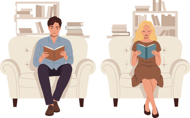 A man and woman relaxing on couches, reading books and enjoying quiet time, a cozy depiction of home life.