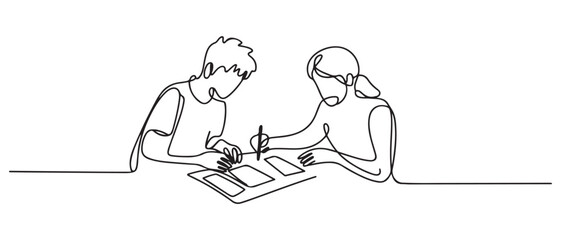 One continuous line drawing of two young people are designing a project on paper. one line Icon drawing with white background