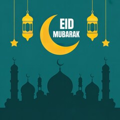 Eid mubarak graphic featuring a crescent moon lanterns stars and silhouette of mosque on teal background