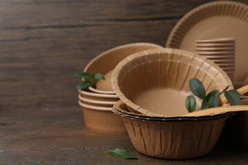 Set of disposable tableware and green leaves on wooden table, closeup. Space for text